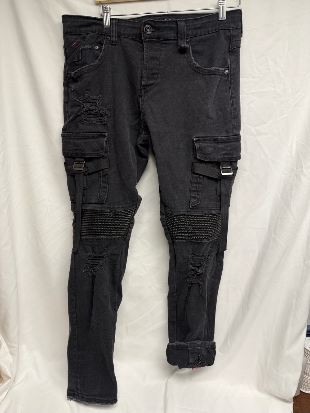 Smugglers Moon Black Moto Cargo Jeans 36x32 Distressed Skull Hardware
